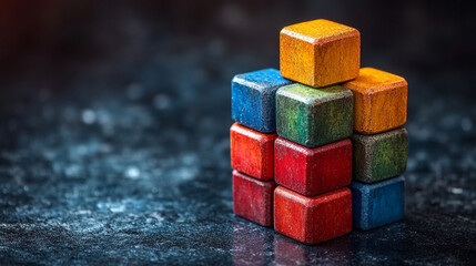 Colorful wooden blocks stacked in a cube shape on a dark surface.