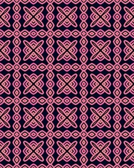 This artwork showcases a repeating geometric pattern with intricate pink shapes on a dark background, creating visual interest