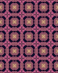 Detailed geometric shapes form a repetitive pattern in pink and beige against a deep dark backdrop, emphasizing modern aesthetics