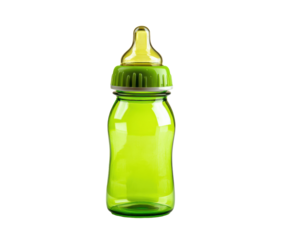 Green baby bottle for feeding infants and toddlers at home, cut out transparent