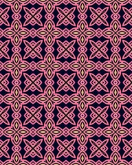 This design showcases a series of geometric star shapes intertwined with knots, creating a visually appealing pattern against a dark background