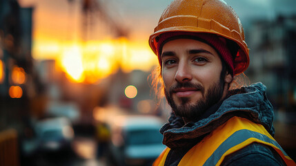 Smiling construction worker in safety gear at sunset.