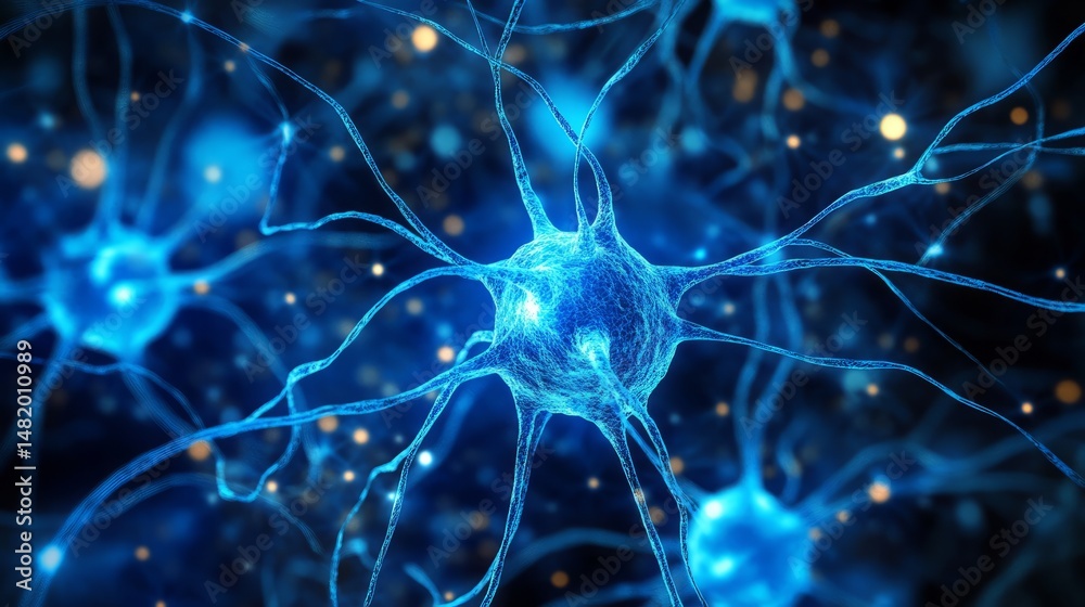 Poster abstract blue neural network with intricate neuron connections on a scientific background, digital i