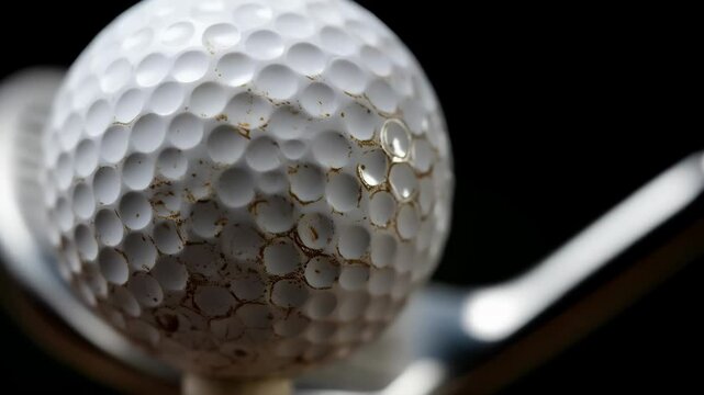 Close-up of a textured white golf ball with dirt resting on a tee, a golf club fades into the background, against a dark black backdrop.