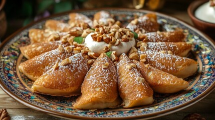 Delicious Qatayef Pancakes Served with Nuts and Cream