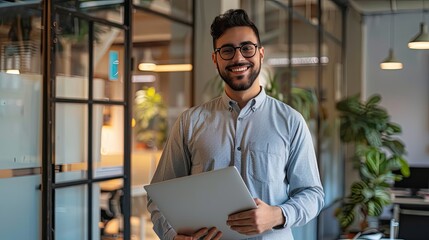 Portrait of a smiling man with glasses holding a laptop in a modern office environment indoors