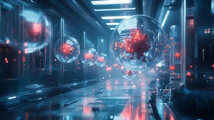 Obraz premium Concept of Bioengineered Helper Cells in Futuristic Lab Setting