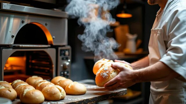 A baker removes freshly baked steaming bread from an oven in a cozy bakery setting.