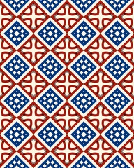 A vibrant geometric pattern displays blue and red diamond shapes interwoven with intricate designs, creating a visually stimulating effect