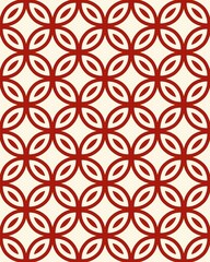 A series of red circles with oval cut-outs create a repeating geometric pattern on a cream background, showcasing symmetry and balance