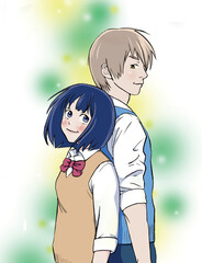少女漫画風の高校生カップルのイラスト｜恋愛・青春・日本の学生生活