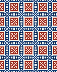 A detailed geometric design displays alternating red squares and blue stripes, creating a striking visual effect on a plain background