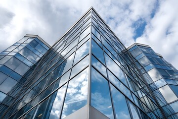 Mirrored geometric building reflecting the cloudy sky