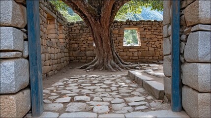 Ancient Stone Structure with Tree Growing Through Cobblestone Floor