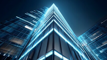 Obraz premium Futuristic glass and metal skyscraper with glowing light lines in a night scene