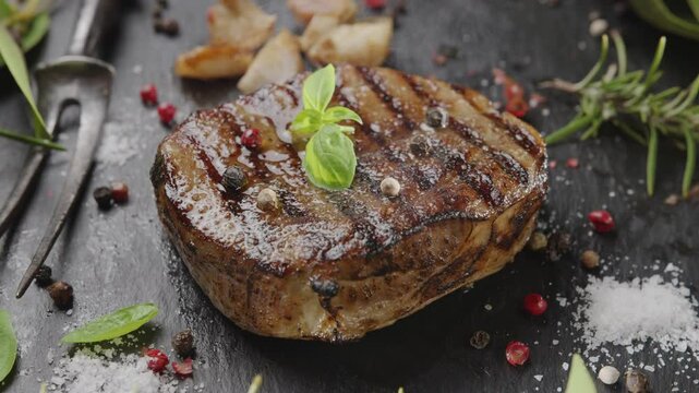  Roasted ribeye steak with herbs and garlic on the serving slate board close-up.