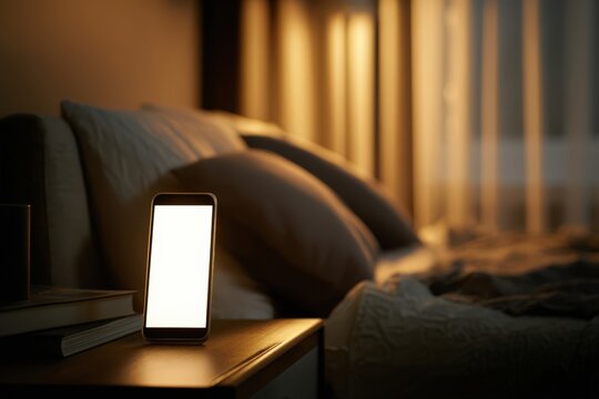 Smartphone glowing with new message notification on nightstand in quiet bedroom