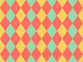 Vibrant argyle pattern in coral, mint, and gold.  Perfect for backgrounds, textiles, or playful designs.  This cheerful, retroinspired graphic offers a sophisticated yet fun aesthetic.