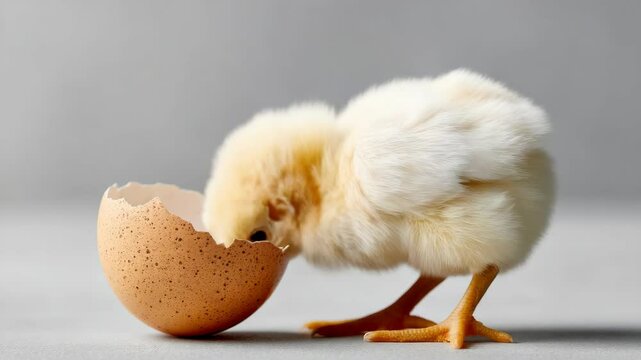 Baby chick is standing next to an egg that has been cracked open. The chick is pecking at the egg, likely trying to get to the yolk inside. The scene is playful and cute