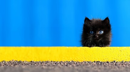 Black Kitten on Yellow and Blue Background