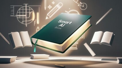 AI learning tools virtual classroom concept. A glowing "Smart AI Book" hovers surrounded by open books, pencils, and digital icons, symbolizing artificial intelligence and education.