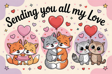 Cute Cartoon Cats and Foxes Sending Love Valentine s Day Card
