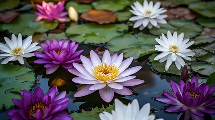 Obraz premium Beautiful Water Lilies Floating on Dark Water with Colorful Blossoms and Green Leaves