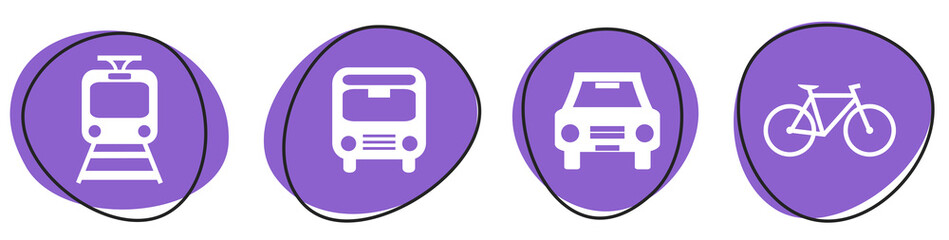 4 Verkehrsmittel Icons auf lila Buttons