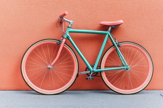 Vibrant bicycle leaning against a coral wall