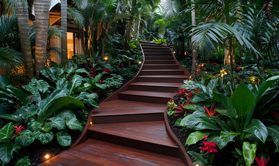 Serene tropical garden path with curved wooden stairs, lush greenery, and soft lighting. Perfect for relaxation and tranquility.