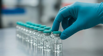 Gloved hand handling vials in production line
