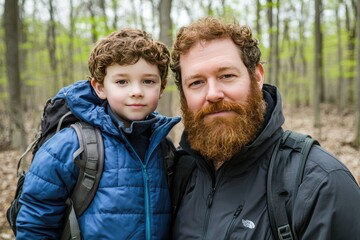 Father and son enjoying a hike in the woods.