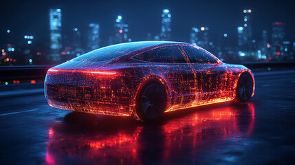 Futuristic electric vehicle on a city street at night, with glowing digital network patterns on the car's body.