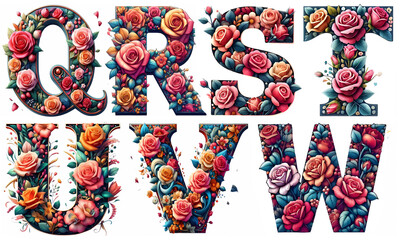 Beautifully designed letter Q-W with colorful patterns and modern floral decorations on a white background.  The letter Q-W is part of the A-Z alphabet set.Q-W.3