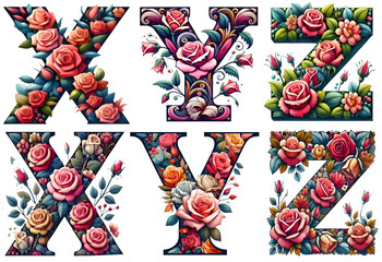 Beautifully designed letter X. Y. Z with colorful patterns and modern floral decorations on a white background.  The letter  X. Y. Z  is part of the A-Z alphabet set. X. Y. Z.3