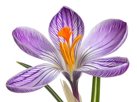 Meadow saffron flower isolated on transparent background. Delicate purple crocus flower with petals. A purple flower with an orange center.