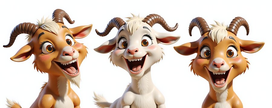 Close-up of three cheerful cartoon goats with soft fluffy fur outdoors