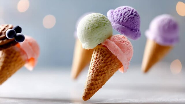 Row of ice cream cones with different flavors, including green, purple, and pink. The cones are flying through the air, creating a sense of motion and excitement