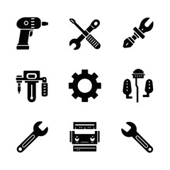 Obraz premium Collection of simple black repair tools icons set for mechanic fix gear on transparent background