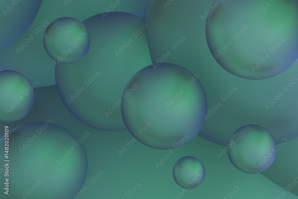 Poster saturated gradient abstract spheres background in green blue smooth glossy color with overlapping cu