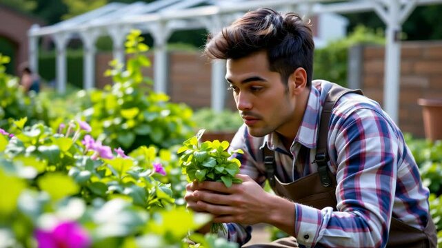 A man in a plaid shirt and apron carefully inspects a bunch of green plants in a vibrant garden.