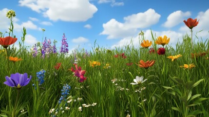Obraz premium Vibrant Wildflower Meadow Under a Sunny Blue Sky