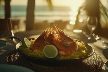 Sun-kissed shrimp paella on beach