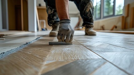 A home redesign concept with a worker laying parquet flooring in the interior.
