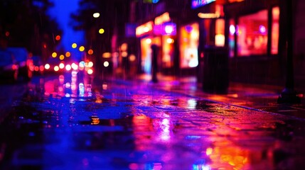 Rainy Night City Street Vibrant Neon Lights Reflections wet red dark blur pink blue mood view cars