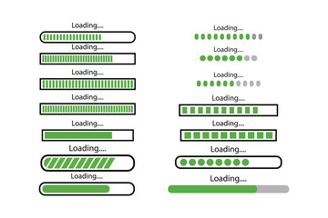 loading bar progress icons, load sign collections. Load bar, buffer loader, download or upload Horizontal bar icons. Loading status icon set. Progress indicator icons. Horizontal Load Indicators.