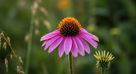 Fototapeta premium Pink Coneflower Blooming in Garden with Soft Green Background
