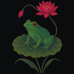 3d green embroidered frog sitting on a lotus leaf with a pink lotus flower. Black background, textured embroidery effect. Vector cartoon pattern illustration.
