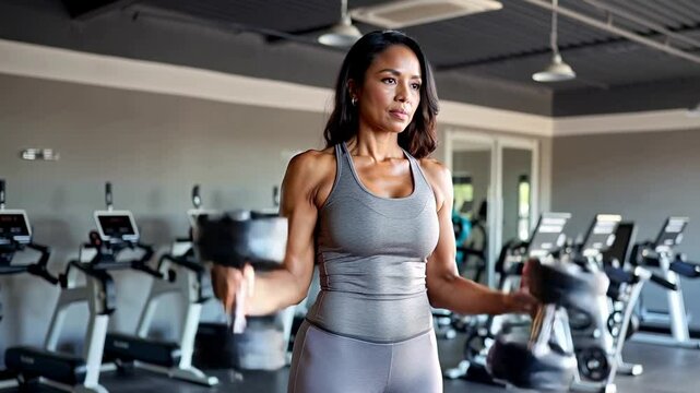 Latina woman lifting heavy dumbbells during full-body workout at gym