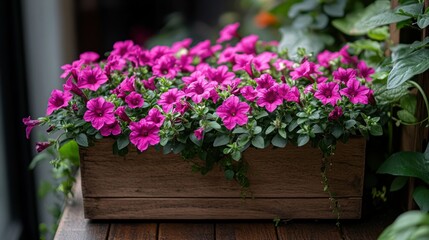 Vibrant magenta flowers in a wooden planter